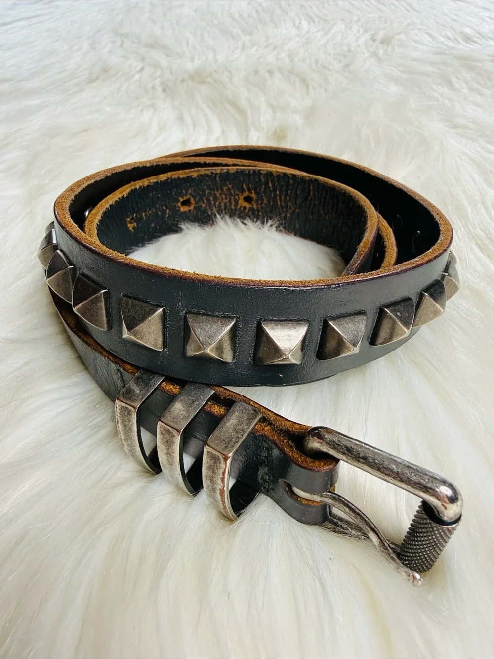J. Crew Brown Leather Silver Metal Studded Belt